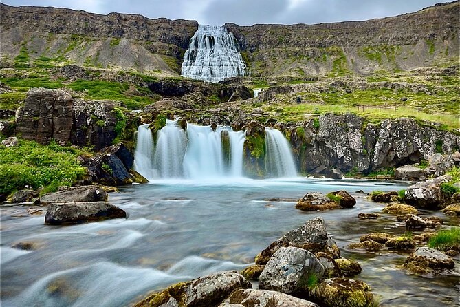Dynjandi waterfall above the smaller falls that step down the mossy gorge below it