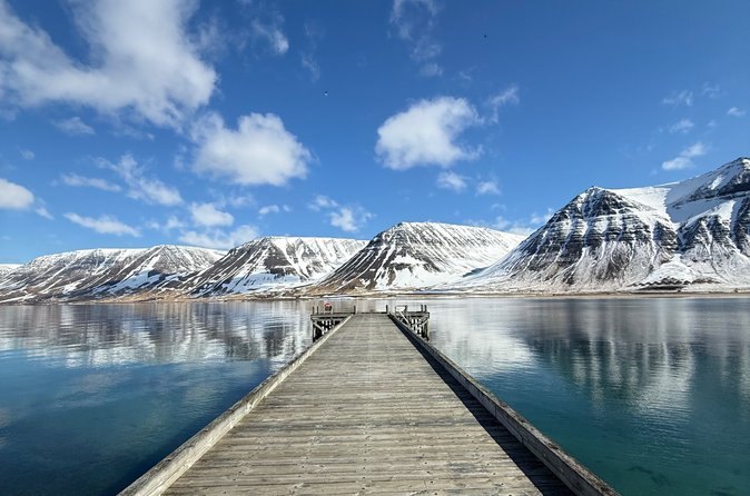 A wooden pier reaching out into still fjord water under snow-covered peaks