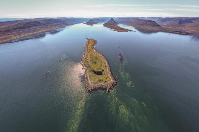 Vigur Island lying low in Ísafjarðardjúp, seen from the air